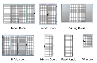 Several different types of doors, including security screens.